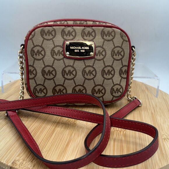 Michael Kors Tan Monogram Mini Crossbody Bag Red Leather Trim Chain Strap - Picture 1 of 12